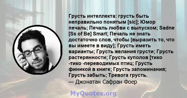 Грусть интеллекта: грусть быть неправильно понятым [sic]; Юмор печаль; Печаль любви с выпуском; Sadne [Ss of Be] Smart; Печаль не знать достаточно слов, чтобы [выразить то, что вы имеете в виду]; Грусть иметь варианты;