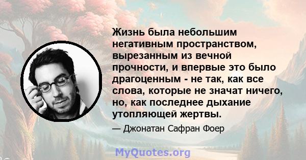 Жизнь была небольшим негативным пространством, вырезанным из вечной прочности, и впервые это было драгоценным - не так, как все слова, которые не значат ничего, но, как последнее дыхание утопляющей жертвы.