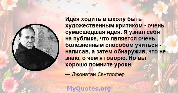 Идея ходить в школу быть художественным критиком - очень сумасшедшая идея. Я узнал себя на публике, что является очень болезненным способом учиться - написав, а затем обнаружив, что не знаю, о чем я говорю. Но вы хорошо 