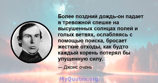 Более поздний дождь-он падает в тревожной спешке на высушенных солнцах полей и голых ветвях, ослабляясь с помощью поиска, бросает жесткие отходы, как будто каждый корень потерял бы упущенную силу.