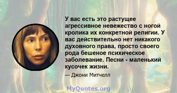 У вас есть это растущее агрессивное невежество с ногой кролика их конкретной религии. У вас действительно нет никакого духовного права, просто своего рода бешеное психическое заболевание. Песни - маленький кусочек жизни.