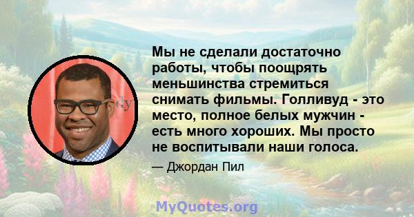 Мы не сделали достаточно работы, чтобы поощрять меньшинства стремиться снимать фильмы. Голливуд - это место, полное белых мужчин - есть много хороших. Мы просто не воспитывали наши голоса.