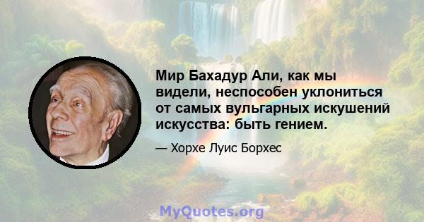 Мир Бахадур Али, как мы видели, неспособен уклониться от самых вульгарных искушений искусства: быть гением.