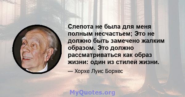 Слепота не была для меня полным несчастьем; Это не должно быть замечено жалким образом. Это должно рассматриваться как образ жизни: один из стилей жизни.