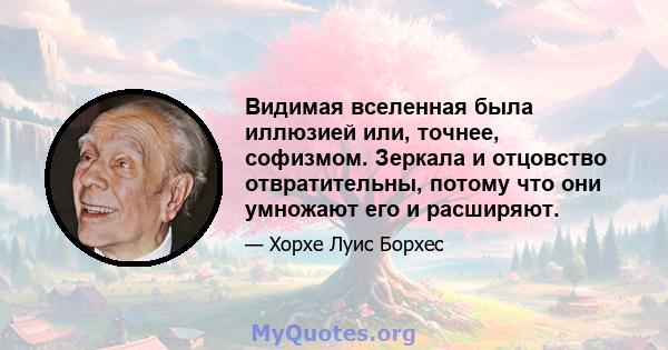 Видимая вселенная была иллюзией или, точнее, софизмом. Зеркала и отцовство отвратительны, потому что они умножают его и расширяют.