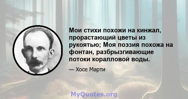 Мои стихи похожи на кинжал, прорастающий цветы из рукоятью; Моя поэзия похожа на фонтан, разбрызгивающие потоки коралловой воды.