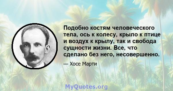 Подобно костям человеческого тела, ось к колесу, крыло к птице и воздух к крылу, так и свобода сущности жизни. Все, что сделано без него, несовершенно.