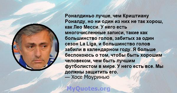 Роналдиньо лучше, чем Криштиану Роналду, но ни один из них не так хорош, как Лео Месси. У него есть многочисленные записи, такие как большинство голов, забитых за один сезон La Liga, и большинство голов забили в