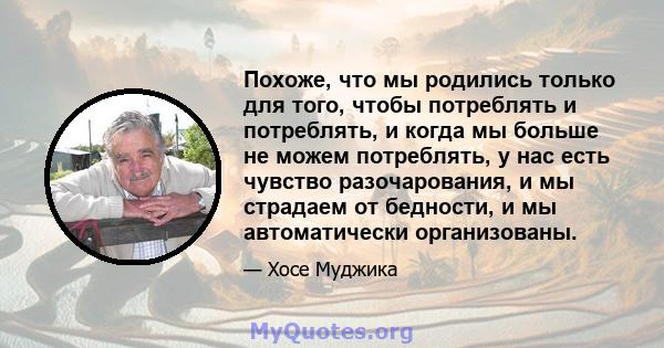 Похоже, что мы родились только для того, чтобы потреблять и потреблять, и когда мы больше не можем потреблять, у нас есть чувство разочарования, и мы страдаем от бедности, и мы автоматически организованы.