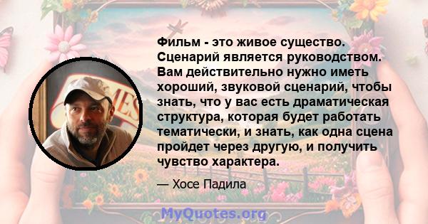 Фильм - это живое существо. Сценарий является руководством. Вам действительно нужно иметь хороший, звуковой сценарий, чтобы знать, что у вас есть драматическая структура, которая будет работать тематически, и знать, как 