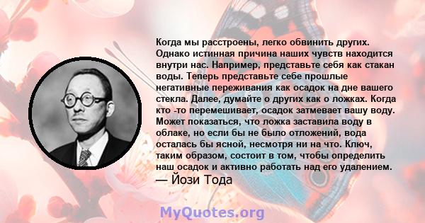 Когда мы расстроены, легко обвинить других. Однако истинная причина наших чувств находится внутри нас. Например, представьте себя как стакан воды. Теперь представьте себе прошлые негативные переживания как осадок на дне 