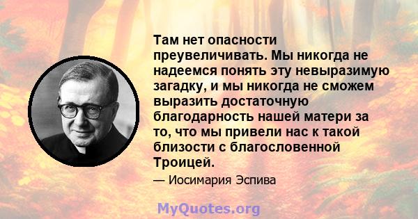 Там нет опасности преувеличивать. Мы никогда не надеемся понять эту невыразимую загадку, и мы никогда не сможем выразить достаточную благодарность нашей матери за то, что мы привели нас к такой близости с благословенной 