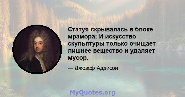 Статуя скрывалась в блоке мрамора; И искусство скульптуры только очищает лишнее вещество и удаляет мусор.