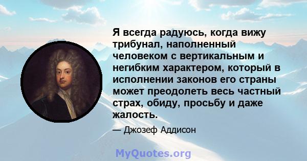 Я всегда радуюсь, когда вижу трибунал, наполненный человеком с вертикальным и негибким характером, который в исполнении законов его страны может преодолеть весь частный страх, обиду, просьбу и даже жалость.