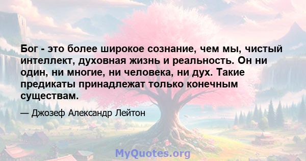 Бог - это более широкое сознание, чем мы, чистый интеллект, духовная жизнь и реальность. Он ни один, ни многие, ни человека, ни дух. Такие предикаты принадлежат только конечным существам.