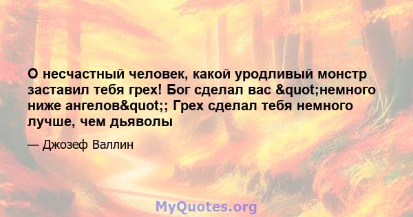 О несчастный человек, какой уродливый монстр заставил тебя грех! Бог сделал вас "немного ниже ангелов"; Грех сделал тебя немного лучше, чем дьяволы