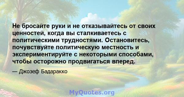 Не бросайте руки и не отказывайтесь от своих ценностей, когда вы сталкиваетесь с политическими трудностями. Остановитесь, почувствуйте политическую местность и экспериментируйте с некоторыми способами, чтобы осторожно