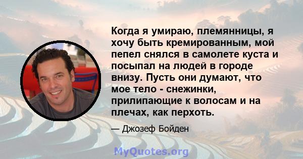 Когда я умираю, племянницы, я хочу быть кремированным, мой пепел снялся в самолете куста и посыпал на людей в городе внизу. Пусть они думают, что мое тело - снежинки, прилипающие к волосам и на плечах, как перхоть.