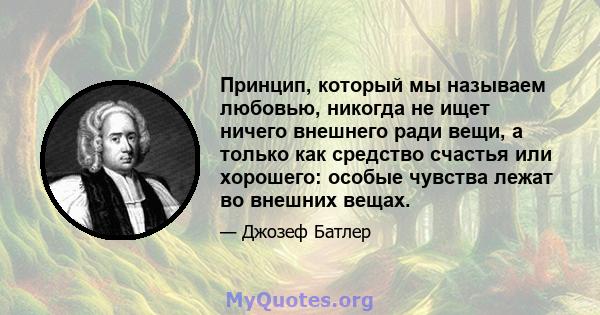 Принцип, который мы называем любовью, никогда не ищет ничего внешнего ради вещи, а только как средство счастья или хорошего: особые чувства лежат во внешних вещах.