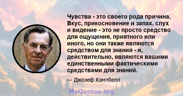 Чувства - это своего рода причина. Вкус, прикосновение и запах, слух и видение - это не просто средство для ощущения, приятного или иного, но они также являются средством для знаний - и, действительно, являются вашими