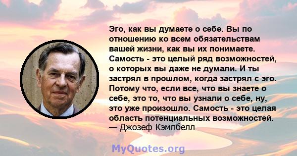 Эго, как вы думаете о себе. Вы по отношению ко всем обязательствам вашей жизни, как вы их понимаете. Самость - это целый ряд возможностей, о которых вы даже не думали. И ты застрял в прошлом, когда застрял с эго. Потому 