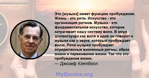 Это [музыка] имеет функцию пробуждения. Жизнь - это ритм. Искусство - это организация ритмов. Музыка - это фундаментальное искусство, которое затрагивает нашу систему воли. В мире Шопенгауэра как воля и идея он говорит