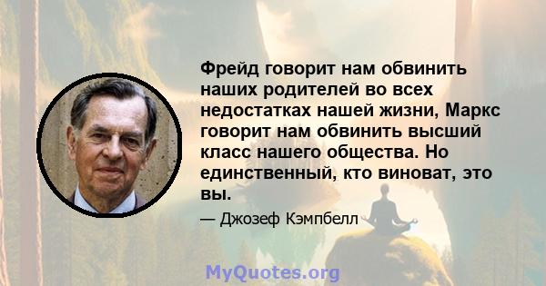 Фрейд говорит нам обвинить наших родителей во всех недостатках нашей жизни, Маркс говорит нам обвинить высший класс нашего общества. Но единственный, кто виноват, это вы.