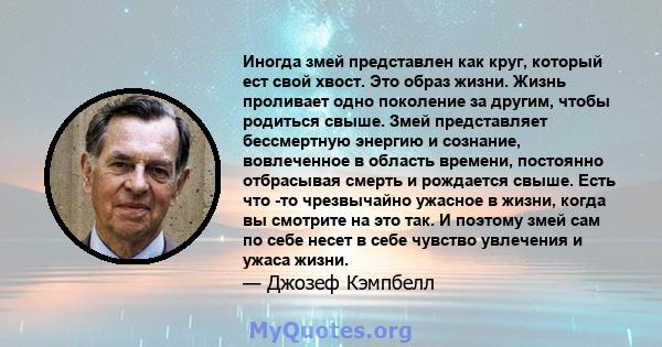 Иногда змей представлен как круг, который ест свой хвост. Это образ жизни. Жизнь проливает одно поколение за другим, чтобы родиться свыше. Змей представляет бессмертную энергию и сознание, вовлеченное в область времени, 