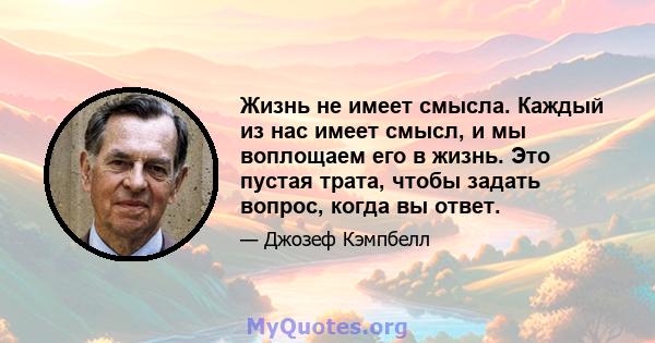 Жизнь не имеет смысла. Каждый из нас имеет смысл, и мы воплощаем его в жизнь. Это пустая трата, чтобы задать вопрос, когда вы ответ.