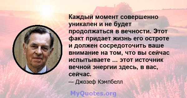 Каждый момент совершенно уникален и не будет продолжаться в вечности. Этот факт придает жизнь его остроте и должен сосредоточить ваше внимание на том, что вы сейчас испытываете ... этот источник вечной энергии здесь, в