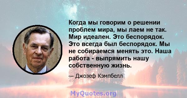 Когда мы говорим о решении проблем мира, мы лаем не так. Мир идеален. Это беспорядок. Это всегда был беспорядок. Мы не собираемся менять это. Наша работа - выпрямить нашу собственную жизнь.