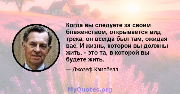 Когда вы следуете за своим блаженством, открывается вид трека, он всегда был там, ожидая вас. И жизнь, которой вы должны жить, - это та, в которой вы будете жить.