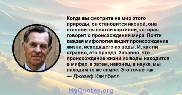 Когда вы смотрите на мир этого природы, он становится иконой, она становится святой картиной, которая говорит о происхождении мира. Почти каждая мифология видит происхождение жизни, исходящего из воды. И, как ни