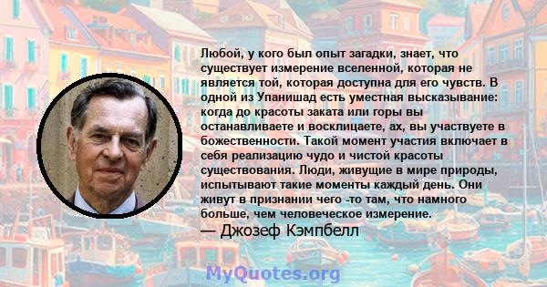 Любой, у кого был опыт загадки, знает, что существует измерение вселенной, которая не является той, которая доступна для его чувств. В одной из Упанишад есть уместная высказывание: когда до красоты заката или горы вы