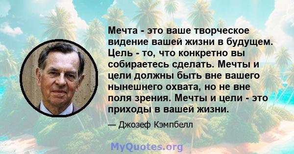 Мечта - это ваше творческое видение вашей жизни в будущем. Цель - то, что конкретно вы собираетесь сделать. Мечты и цели должны быть вне вашего нынешнего охвата, но не вне поля зрения. Мечты и цели - это приходы в вашей 