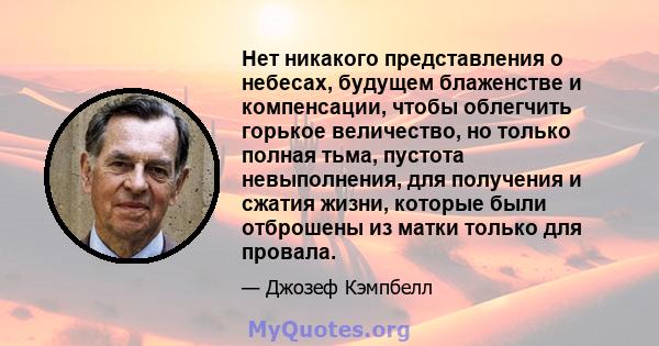 Нет никакого представления о небесах, будущем блаженстве и компенсации, чтобы облегчить горькое величество, но только полная тьма, пустота невыполнения, для получения и сжатия жизни, которые были отброшены из матки