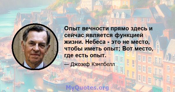 Опыт вечности прямо здесь и сейчас является функцией жизни. Небеса - это не место, чтобы иметь опыт; Вот место, где есть опыт.