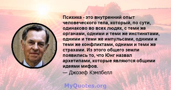 Психика - это внутренний опыт человеческого тела, который, по сути, одинаково во всех людях, с теми же органами, одними и теми же инстинктами, одними и теми же импульсами, одними и теми же конфликтами, одними и теми же