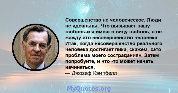 Совершенство не человеческое. Люди не идеальны. Что вызывает нашу любовь-и я имею в виду любовь, а не жажду-это несовершенство человека. Итак, когда несовершенство реального человека достигает пика, скажем, «это