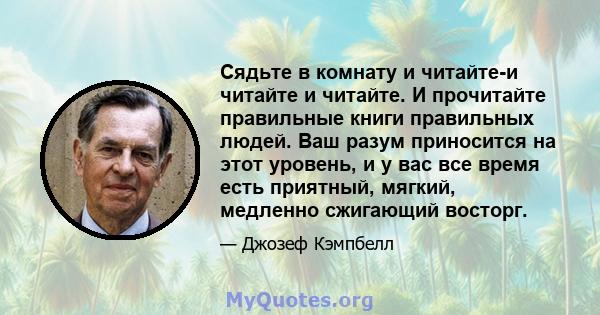 Сядьте в комнату и читайте-и читайте и читайте. И прочитайте правильные книги правильных людей. Ваш разум приносится на этот уровень, и у вас все время есть приятный, мягкий, медленно сжигающий восторг.