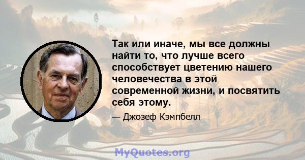 Так или иначе, мы все должны найти то, что лучше всего способствует цветению нашего человечества в этой современной жизни, и посвятить себя этому.