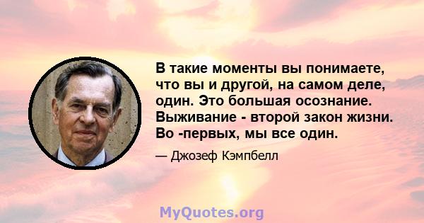 В такие моменты вы понимаете, что вы и другой, на самом деле, один. Это большая осознание. Выживание - второй закон жизни. Во -первых, мы все один.