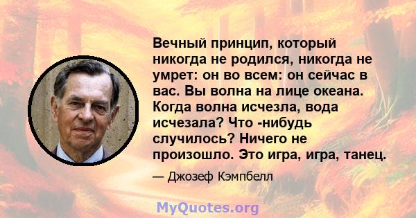 Вечный принцип, который никогда не родился, никогда не умрет: он во всем: он сейчас в вас. Вы волна на лице океана. Когда волна исчезла, вода исчезала? Что -нибудь случилось? Ничего не произошло. Это игра, игра, танец.