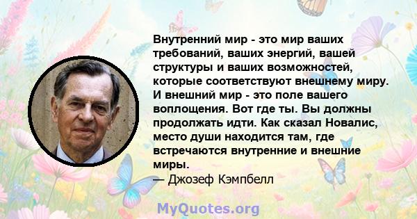 Внутренний мир - это мир ваших требований, ваших энергий, вашей структуры и ваших возможностей, которые соответствуют внешнему миру. И внешний мир - это поле вашего воплощения. Вот где ты. Вы должны продолжать идти. Как 