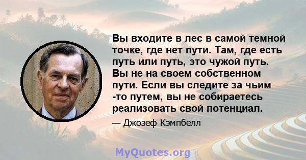 Вы входите в лес в самой темной точке, где нет пути. Там, где есть путь или путь, это чужой путь. Вы не на своем собственном пути. Если вы следите за чьим -то путем, вы не собираетесь реализовать свой потенциал.