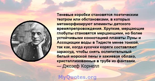 Теневые коробки становятся поэтическим театром или обстановками, в которых метаморфизируют элементы детского времяпрепровождения. Хрупкие, мерцающие глобулы становятся мерцающими, но более устойчивыми коннотацией