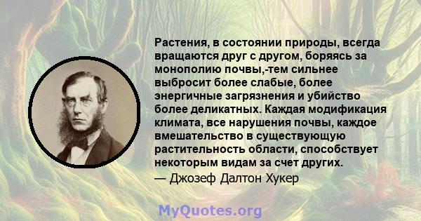 Растения, в состоянии природы, всегда вращаются друг с другом, боряясь за монополию почвы,-тем сильнее выбросит более слабые, более энергичные загрязнения и убийство более деликатных. Каждая модификация климата, все