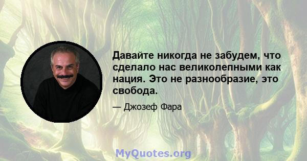 Давайте никогда не забудем, что сделало нас великолепными как нация. Это не разнообразие, это свобода.