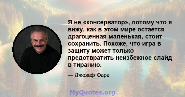 Я не «консерватор», потому что я вижу, как в этом мире остается драгоценная маленькая, стоит сохранить. Похоже, что игра в защиту может только предотвратить неизбежное слайд в тиранию.