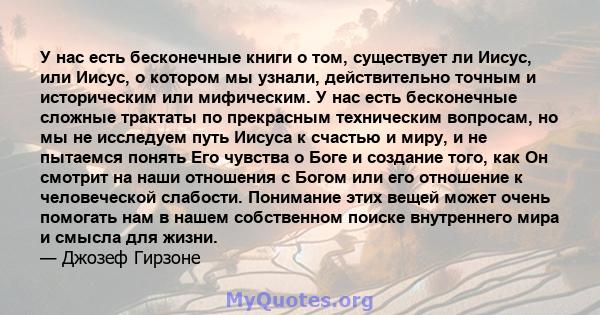 У нас есть бесконечные книги о том, существует ли Иисус, или Иисус, о котором мы узнали, действительно точным и историческим или мифическим. У нас есть бесконечные сложные трактаты по прекрасным техническим вопросам, но 